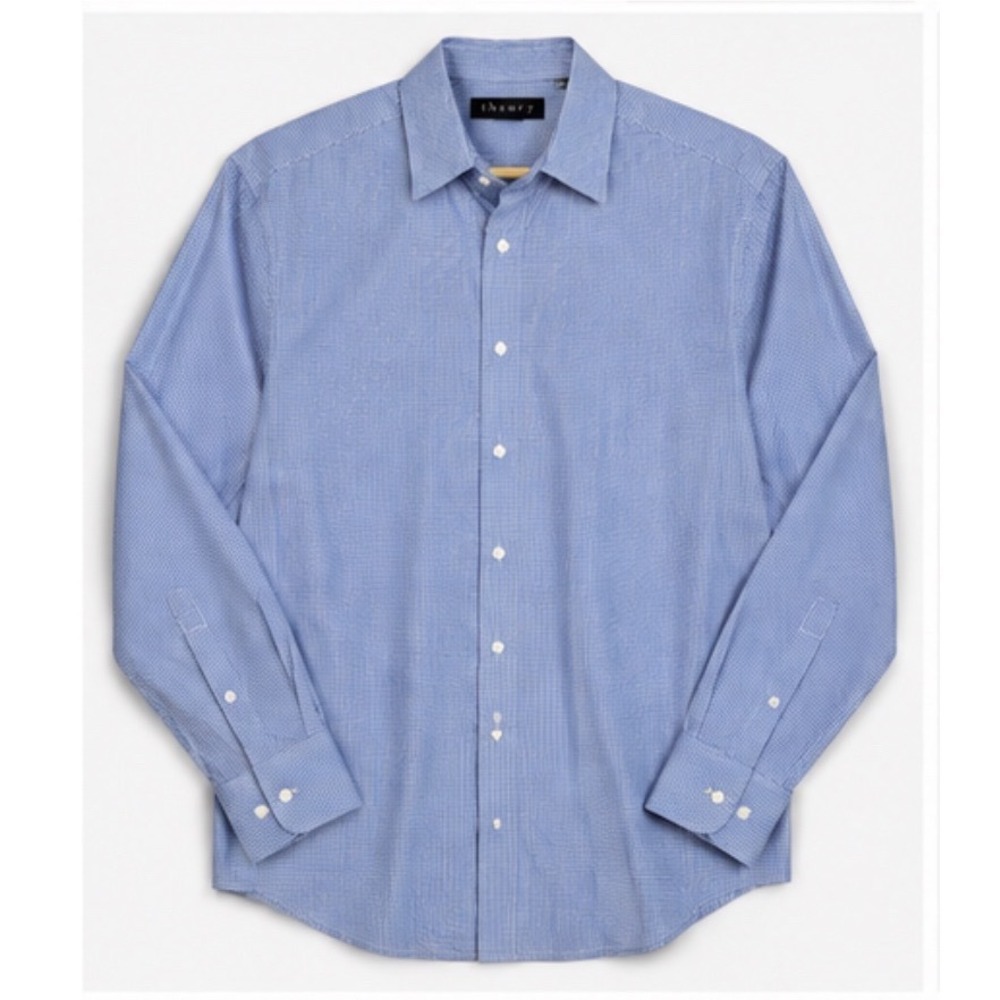 Theory Button Down Mens Large Blue Gingham Cotton Shirt Professional